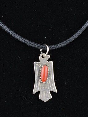 Sterling Silver Thunderbird Pendant Mini Red Coral Dainty 3/4" Charm Vintage